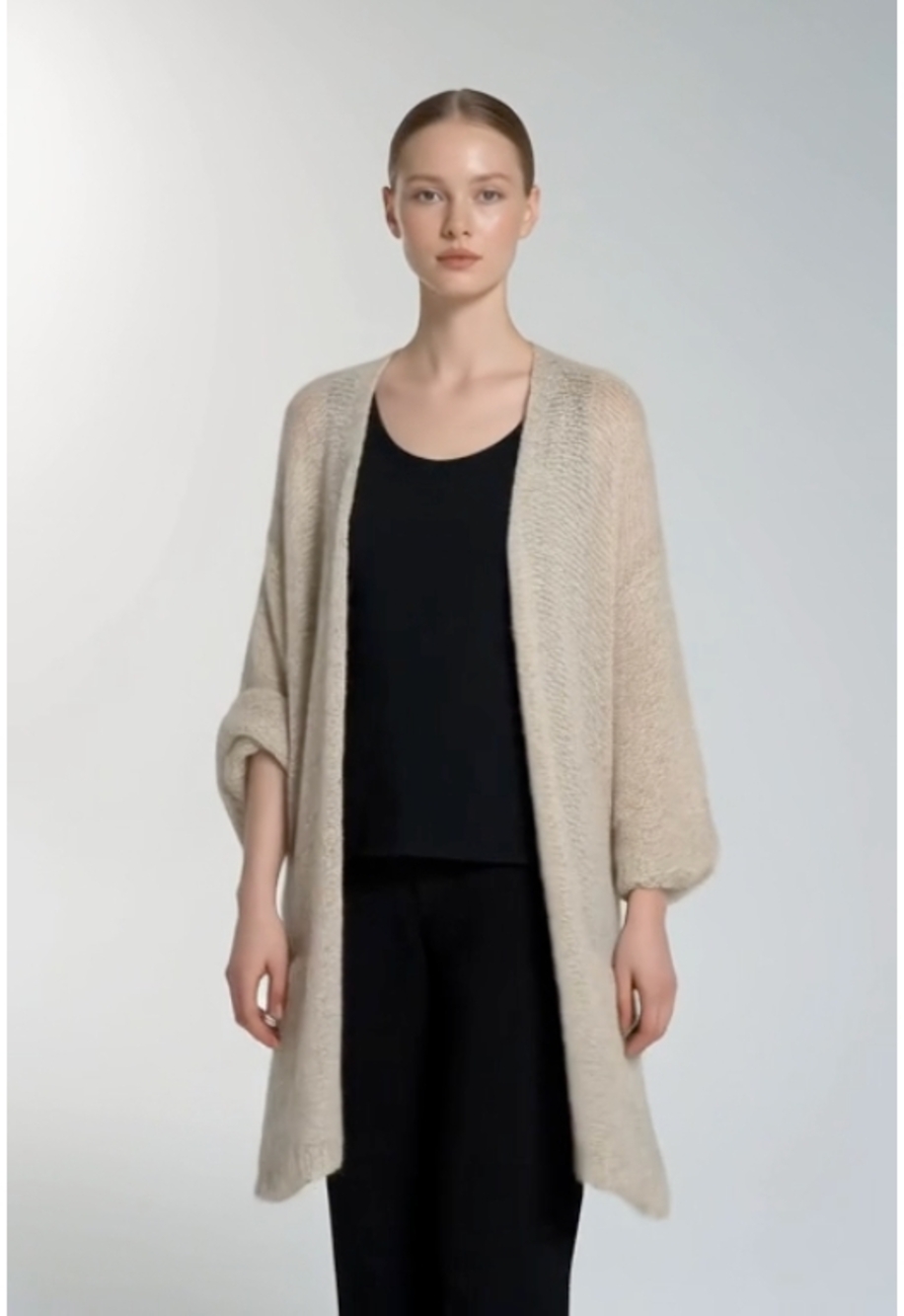 MAK Beige Knit Duster Cardigan 3/4 Sleeve Open Front Women M/L 34.5" Textured VG